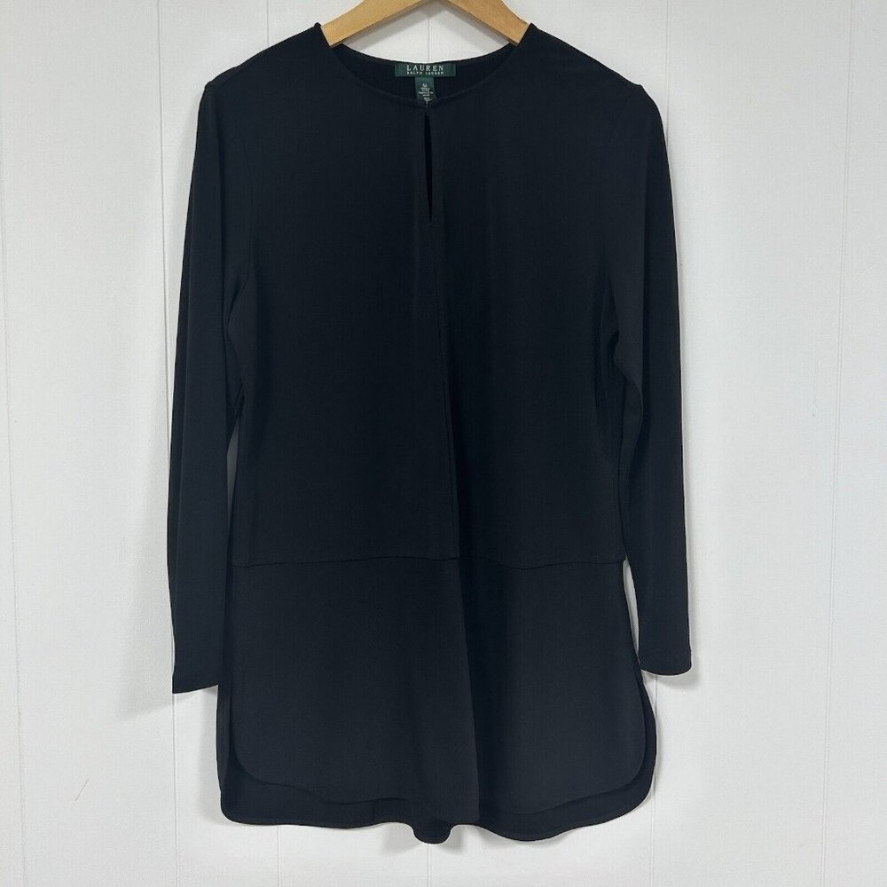 Lauren Ralph Lauren Blouse Womens Medium Black Envelope Hem Tunic 3/4 Sleeve